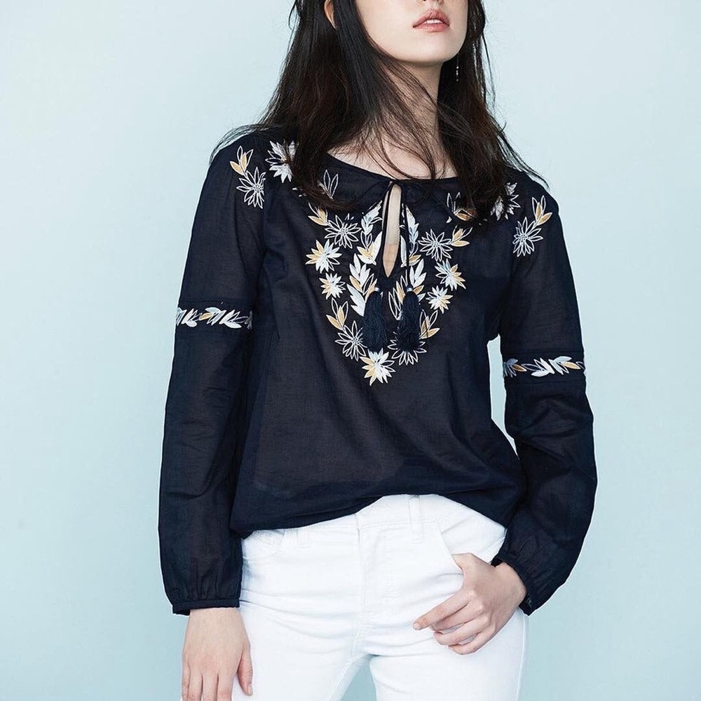 Tory Burch Cotton Poplin Split Neck Embroidered Peasant Top Navy Size 8 Boho - Picture 2 of 10
